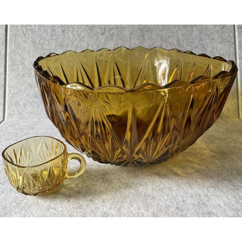 Hazel Atlas Williamsport Gold Glass Punch Bowl Set w/ Cups, 26 Piece Service - Picture 3 of 12